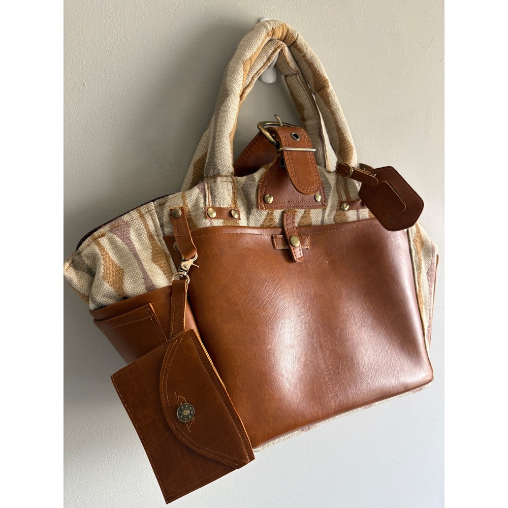 EM Couture Woven Geometric Satchel Bag Cognac Faux Leather Trim with Coin Purse
